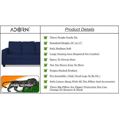Adorn India Russell 3 Seater Sofa (Blue)