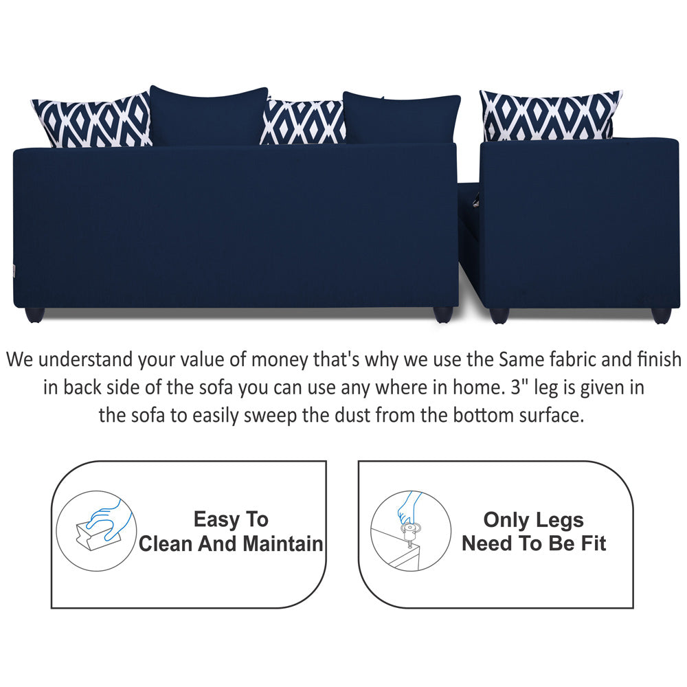Adorn India Zink Straight line L Shape 5 Seater Sofa Rhombus Cushion (Left Side Handle) Blue