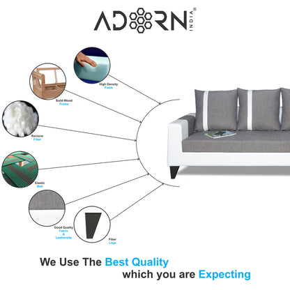 Adorn India Ashley Stripes Leatherette Fabric L Shape 8 Seater Sofa Set with 2 Ottoman Puffy & Center Table RHS (Grey & White) (3 Year Warranty)