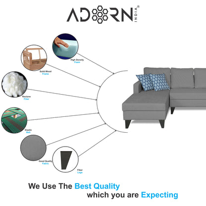 Adorn India Hallton L Shape Decent Sofa Set 7 Seater with Ottoman (Left Side) (Grey) (3 Year Warranty)