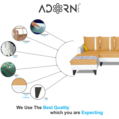 Adorn India Ashley Leatherette Fabric L Shape 6 Seater Sofa Set Stripes (Left Hand Side) (Beige & White) (3 Year Warranty)