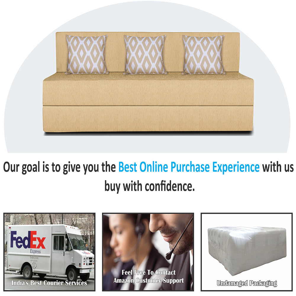 Adorn India Easy 3 Seater Sofa Cum Bed (Rhombus Pattern) Chennile Fabric - Washable Cover - Including 3 Cushion - Size 5' x 6' Ft (Beige Color) Perfect for Home & Office for Guests