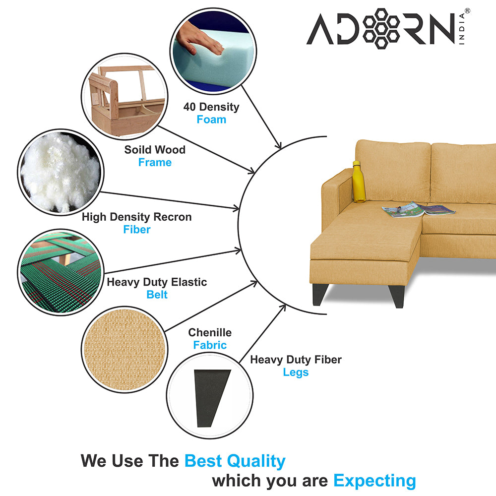 Adorn India Chandler L Shape 4 Seater Sofa Set Plain (Beige)