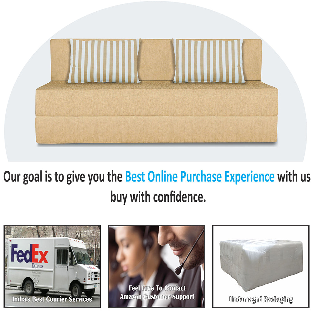 Adorn India Easy Alyn Plus Stripes 4 Seater Wood Sofa Cum Bed (6X6) (Beige) (1 Year Warranty)