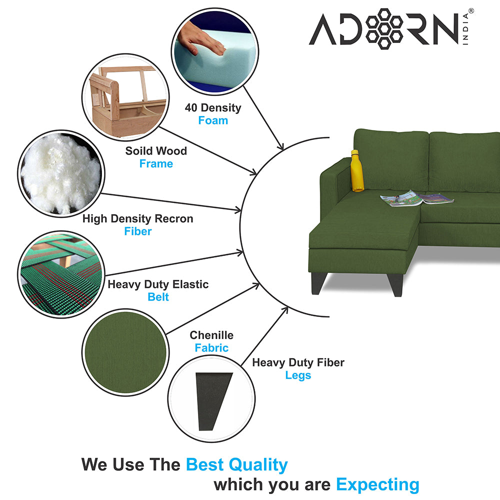 Adorn India Chandler L Shape 4 Seater Sofa Set Plain (Green)
