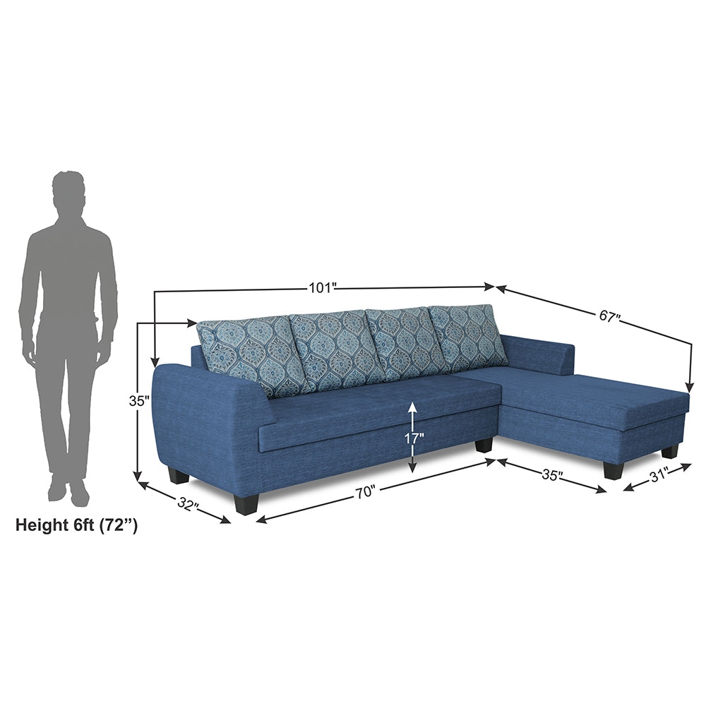 Adorn India Raiden Damask L Shape 6 Seater Sofa Set with Center Table (Right Hand Side) (Blue) (3 Year Warranty)