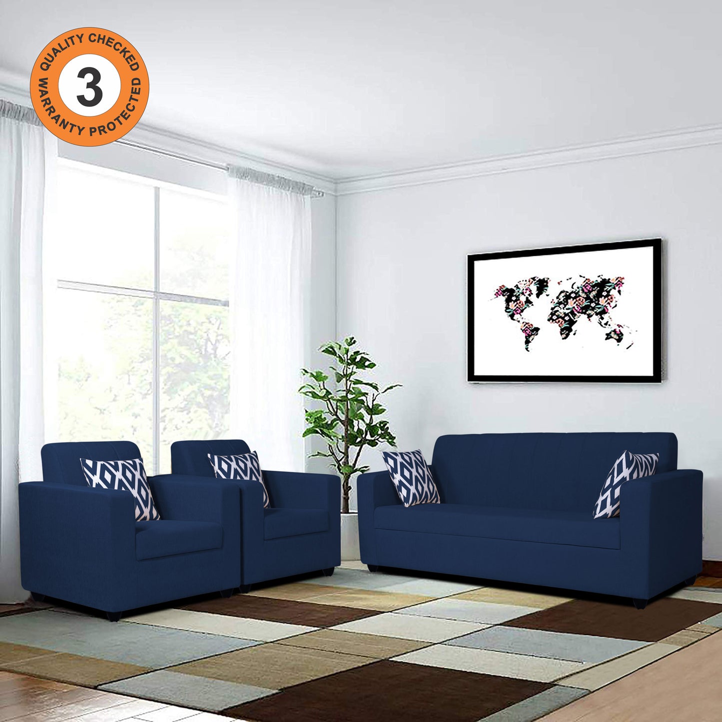Adorn India Rio HighBack 3+1+1 5 Seater Sofa Set (Blue) (3 Year Warranty)