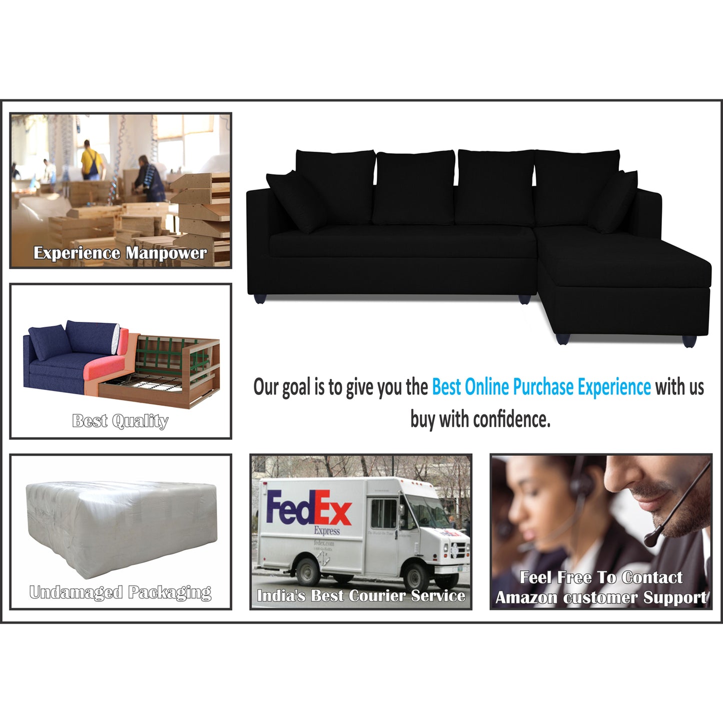Adorn India Zink Straight line L Shape 6 Seater Sofa Plain Cushion(Black)
