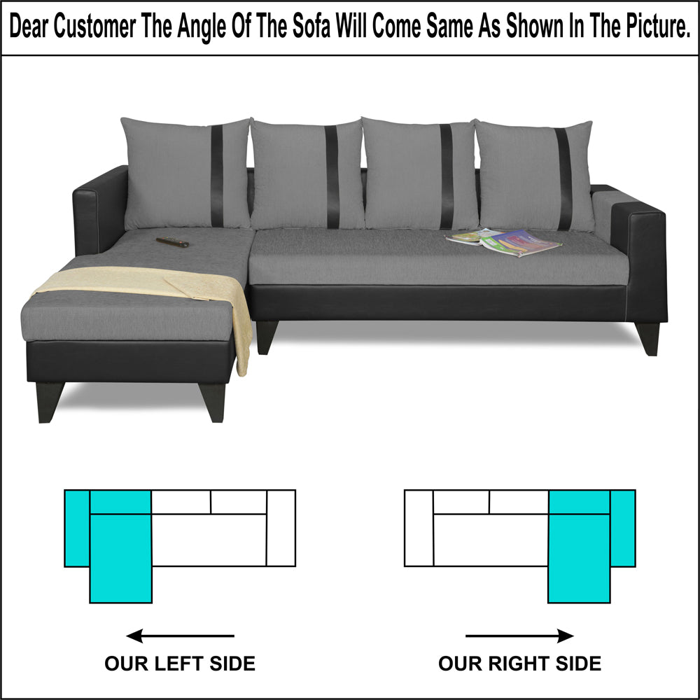 Adorn India Ashley L Shape 6 Seater Sofa Set Leatherette Fabric Stripes (Left Hand Side) (Grey & Black) (3 Year Warranty)