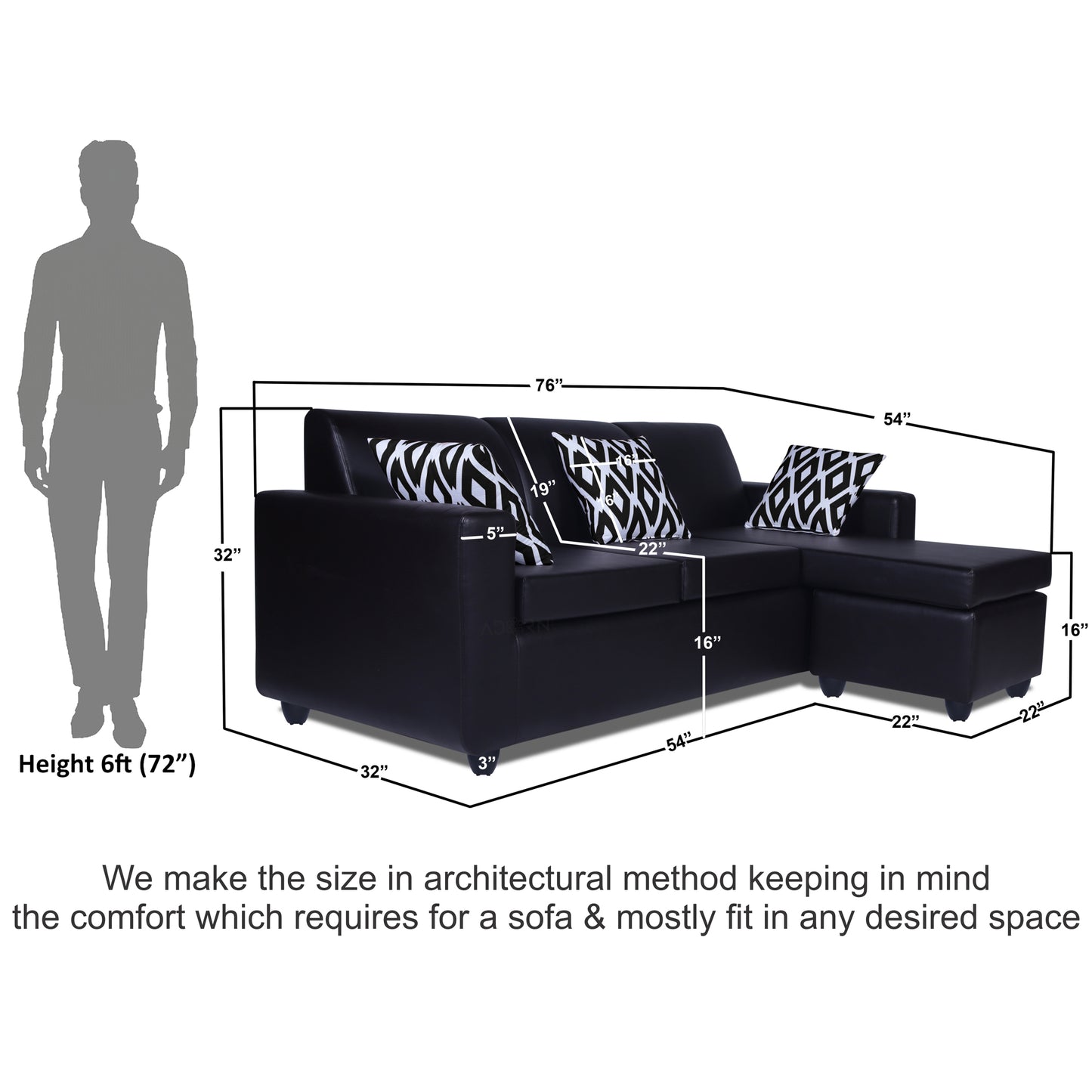 Adorn India Monteno Leatherette Modular 4 Seater Sofa Set (Black) (3 Year Warranty)