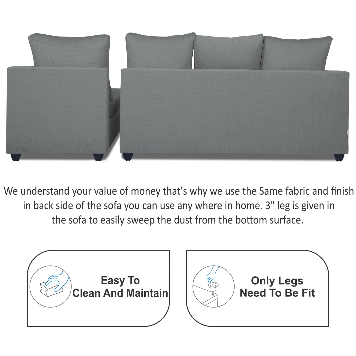 Adorn India Zink Straight line L Shape 6 Seater Sofa with Plain Cushion (Grey)