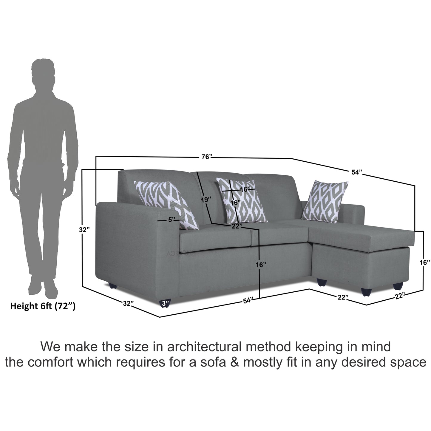 Adorn India Monteno L Shape 4 Seater Sofa Set (Grey) (3 Year Warranty)