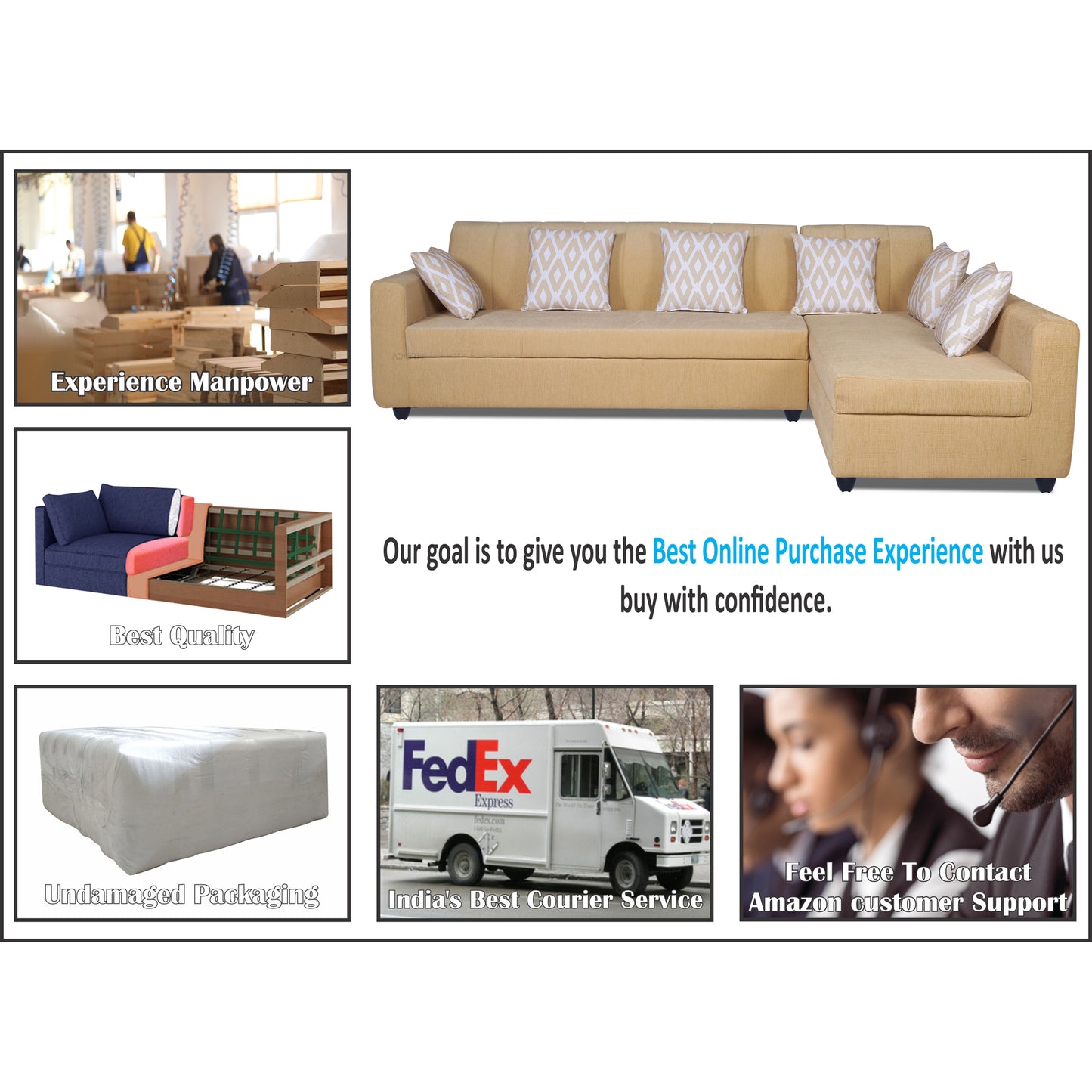 Adorn India Rio Highback L Shape 6 Seater Sofa Set (Right Hand Side) (Beige) (3 Year Warranty)
