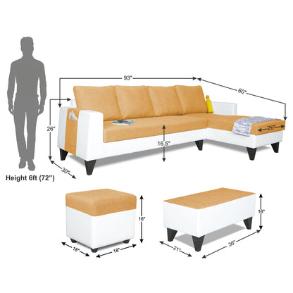 Adorn India Ashley Plain Leatherette Fabric L Shape 8 Seater Sofa Set with 2 Ottoman Puffy & Center Table RHS (Beige & White) (3 Year Warranty)