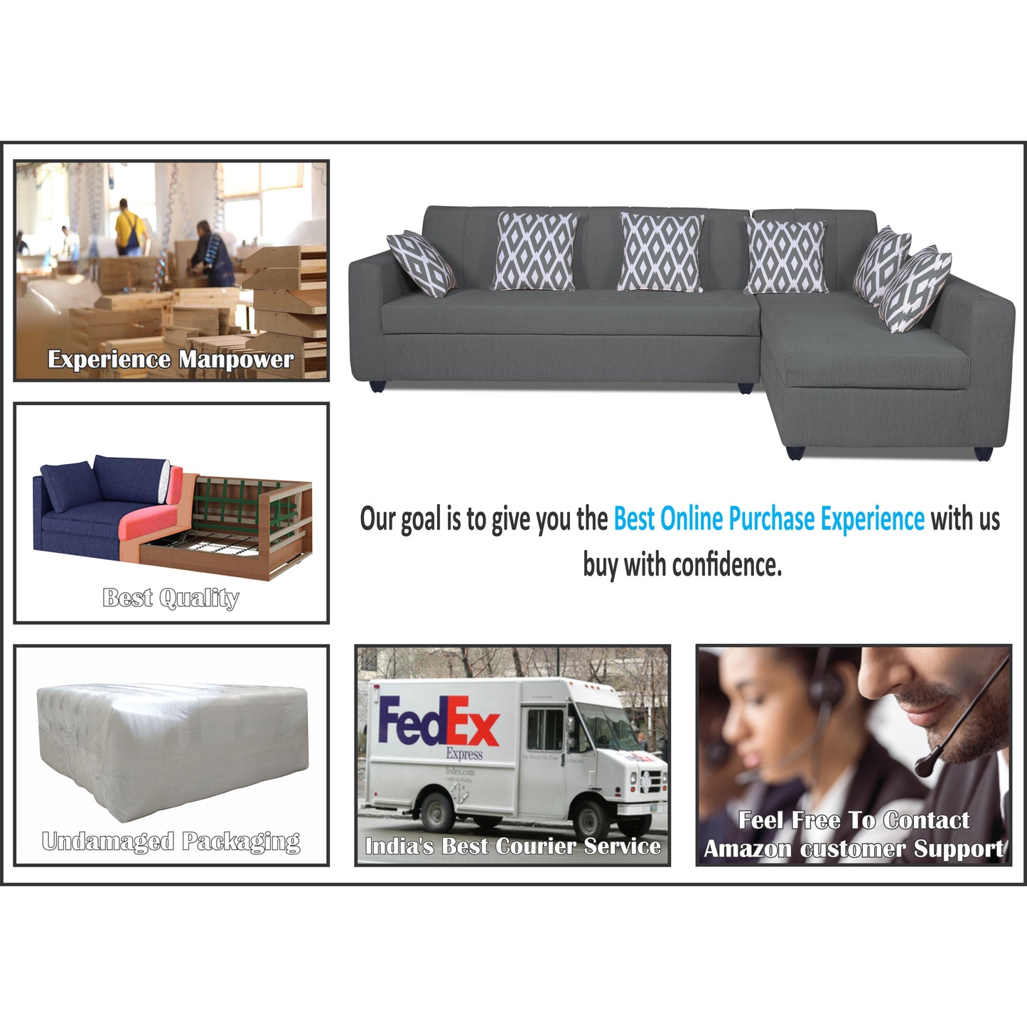 Adorn India Rio Highback L Shape 6 Seater coner Sofa Set (Grey)