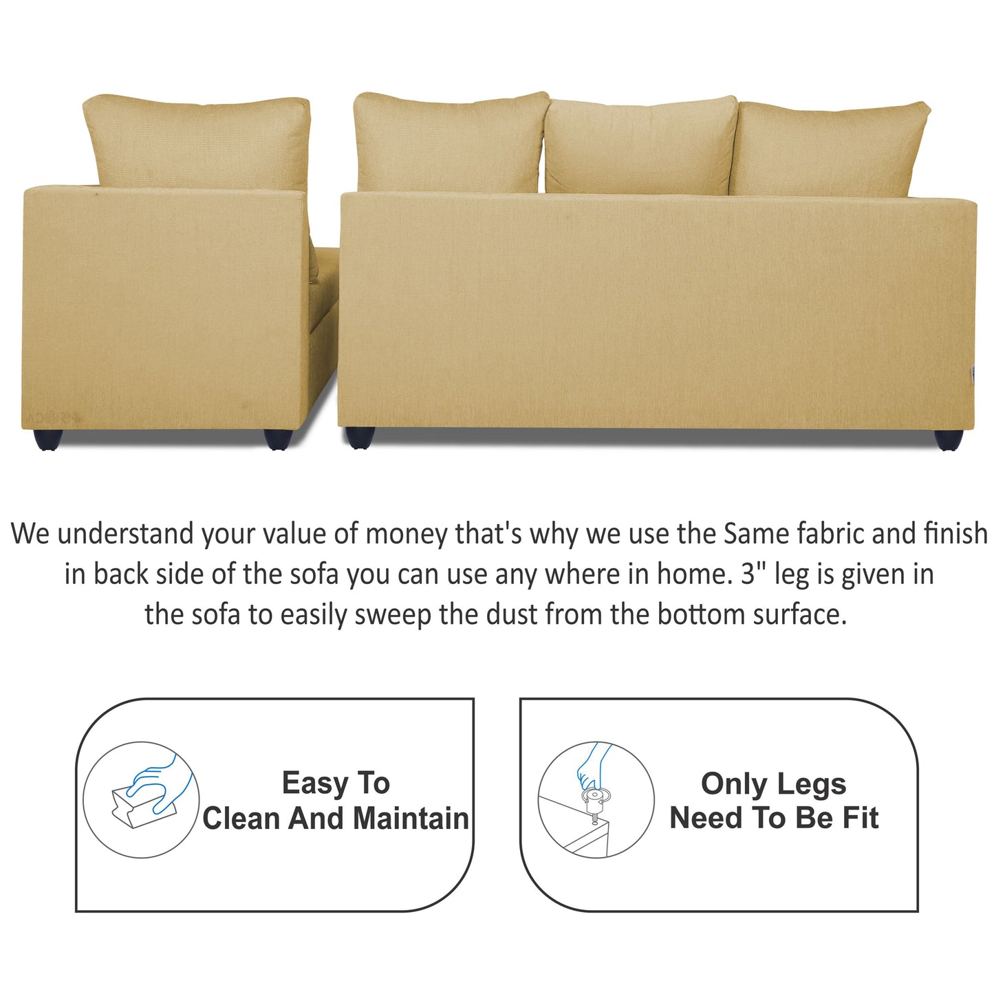 Adorn India Zink Straight line L Shape 6 Seater Sofa Plain Cushion (Beige)