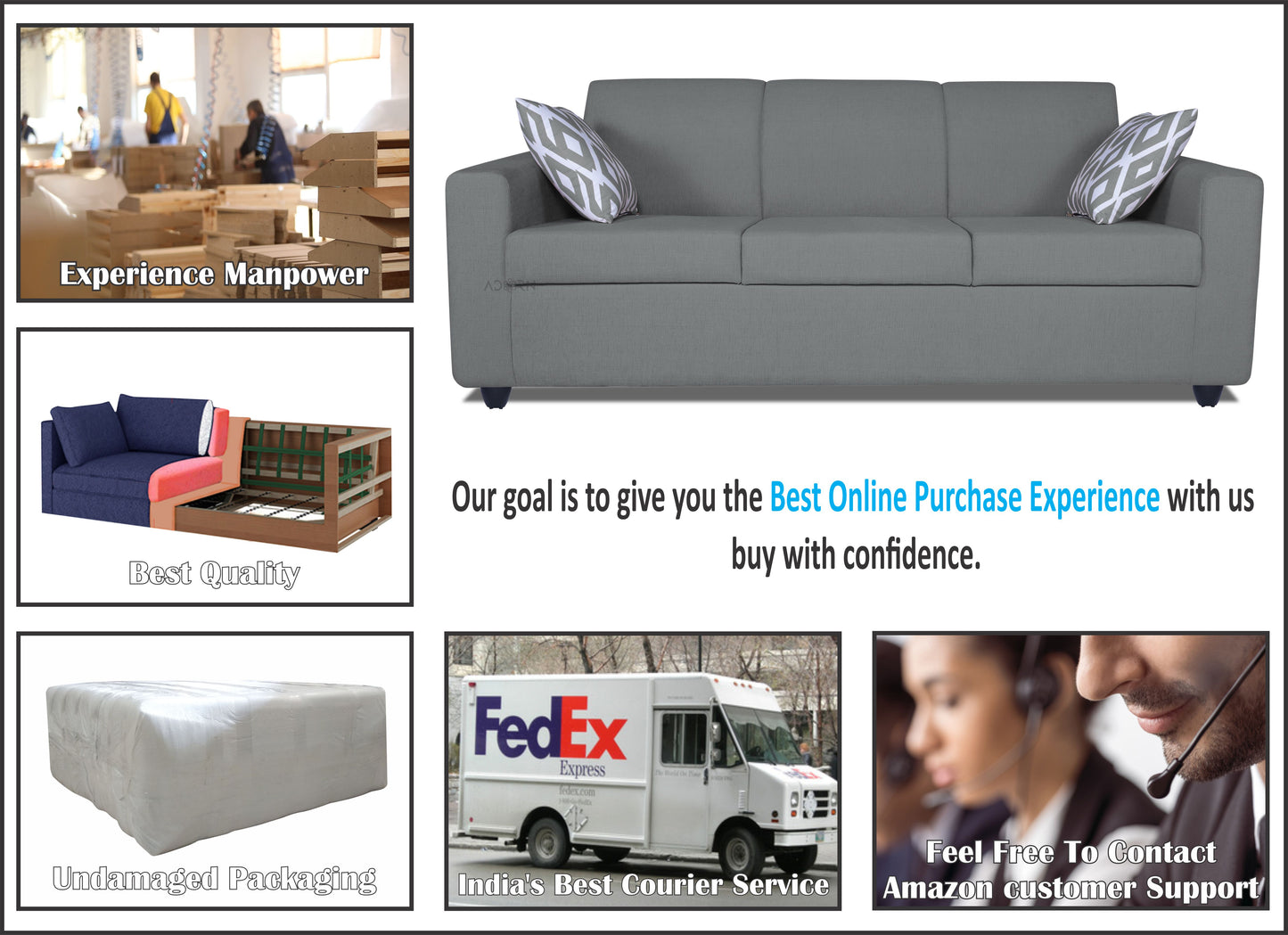 Adorn India Monteno 3+2 5 Seater Sofa Set (Grey) (3 Year Warranty)