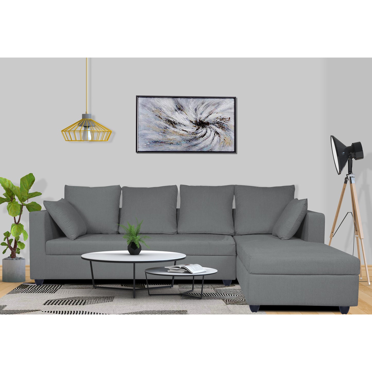 Adorn India Zink Straight line L Shape 6 Seater Sofa with Plain Cushion (Grey)