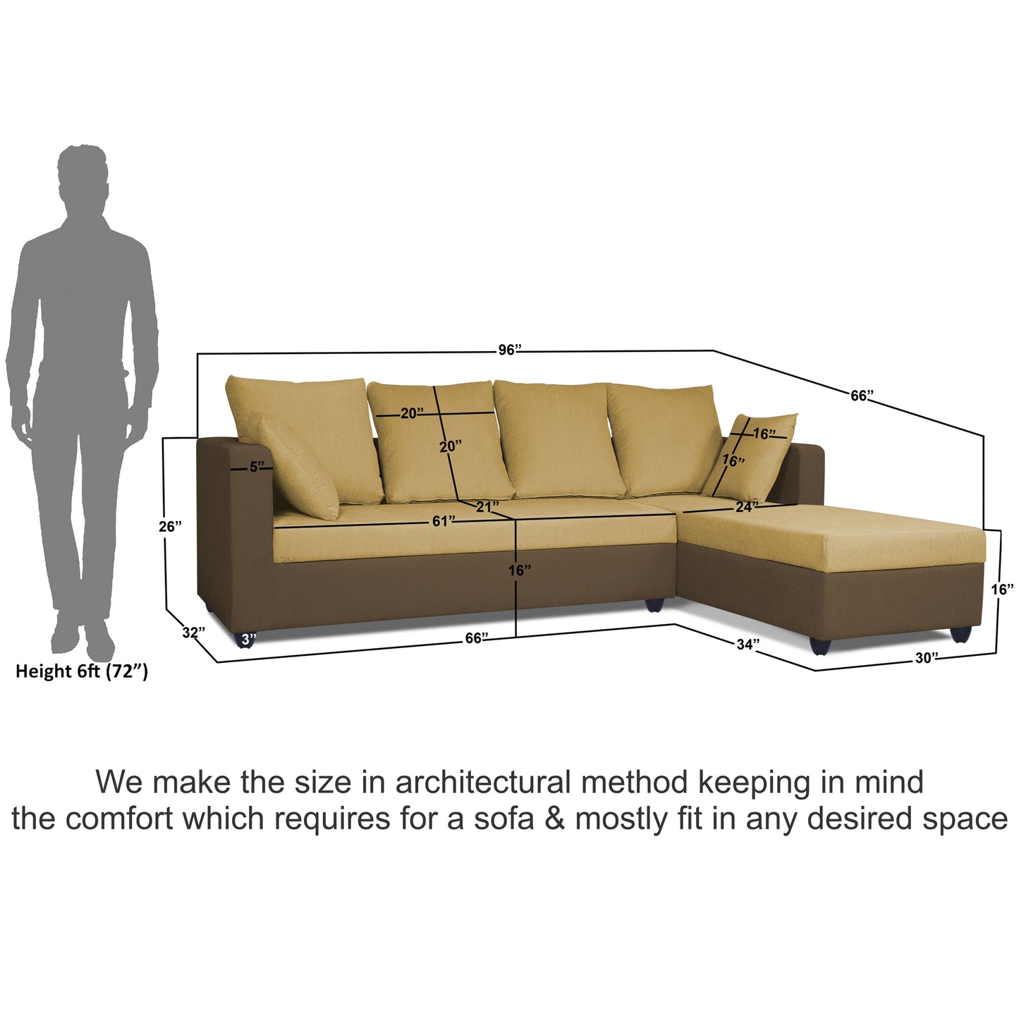 Adorn India Zink Straight line L Shape 6 Seater Sofa Plain Cushion (Left Side Handle)(Brown & Beige)
