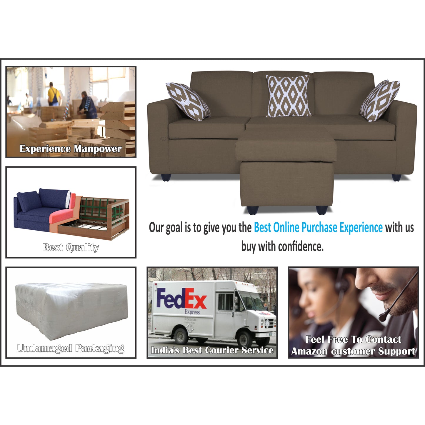 Adorn India Monteno L Shape 4 Seater Sofa Set (Brown) (3 Year Warranty)