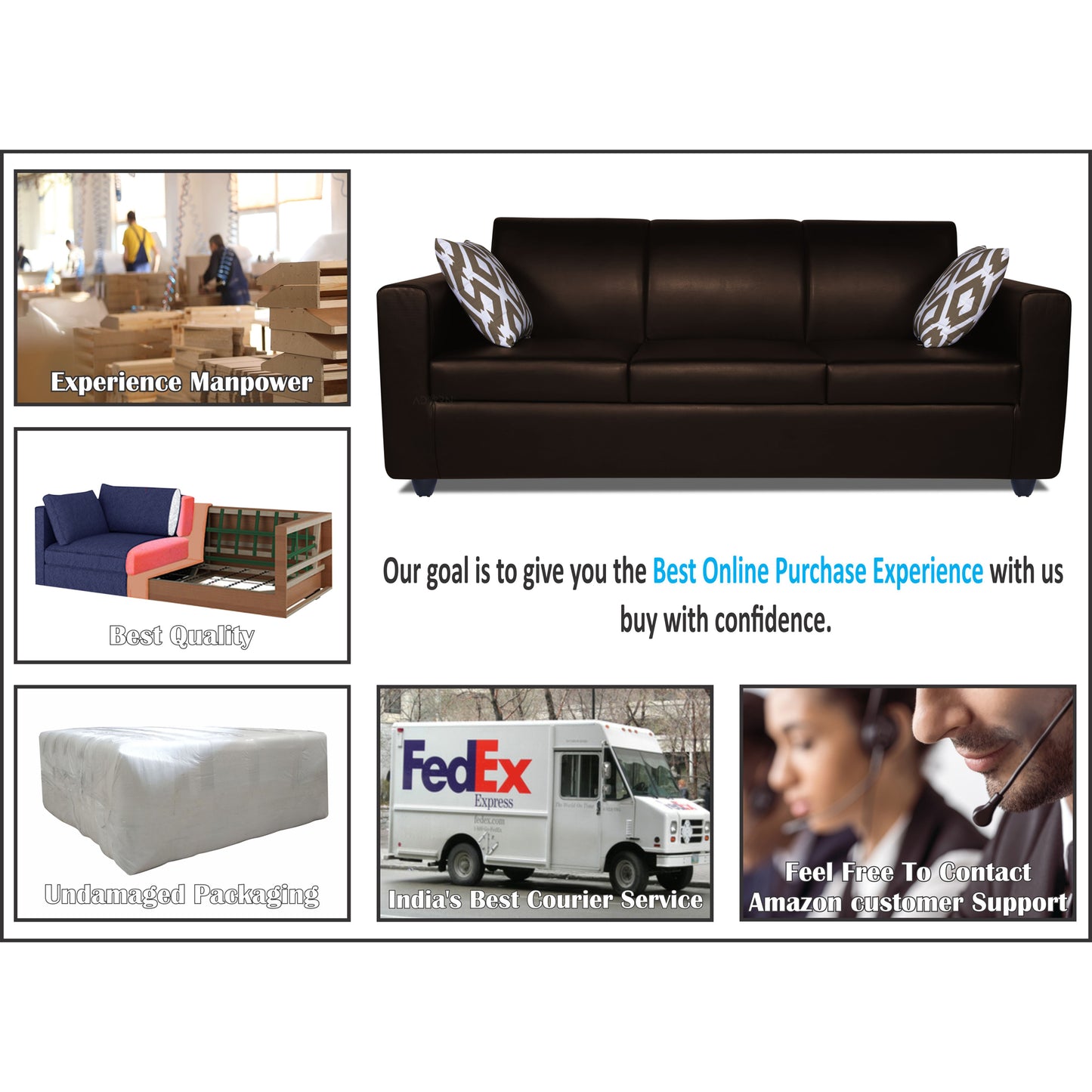Adorn India Monteno Leatherette 3 Seater Sofa (Brown) (3 Year Warranty)