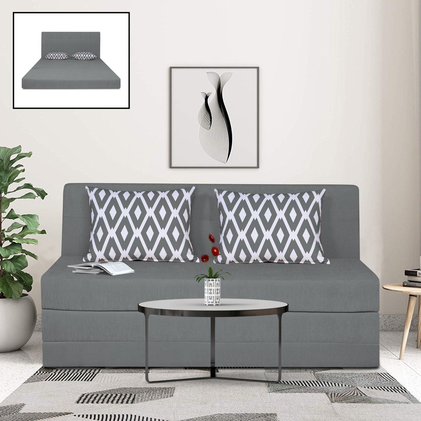 Adorn India Easy Highback Three Seater Sofa Cum Bed Rhombus 5' x 6' (Grey) (1 Year Warranty)