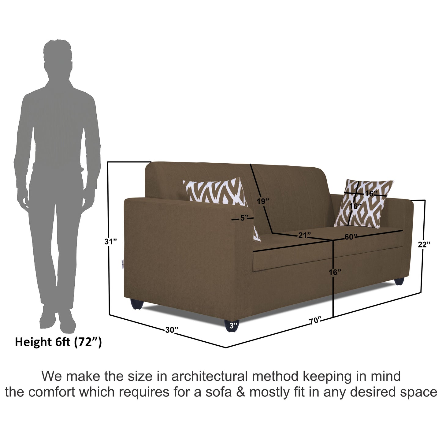 Adorn India Rio Highback 3 Seater Sofa (Brown) (3 Year Warranty)