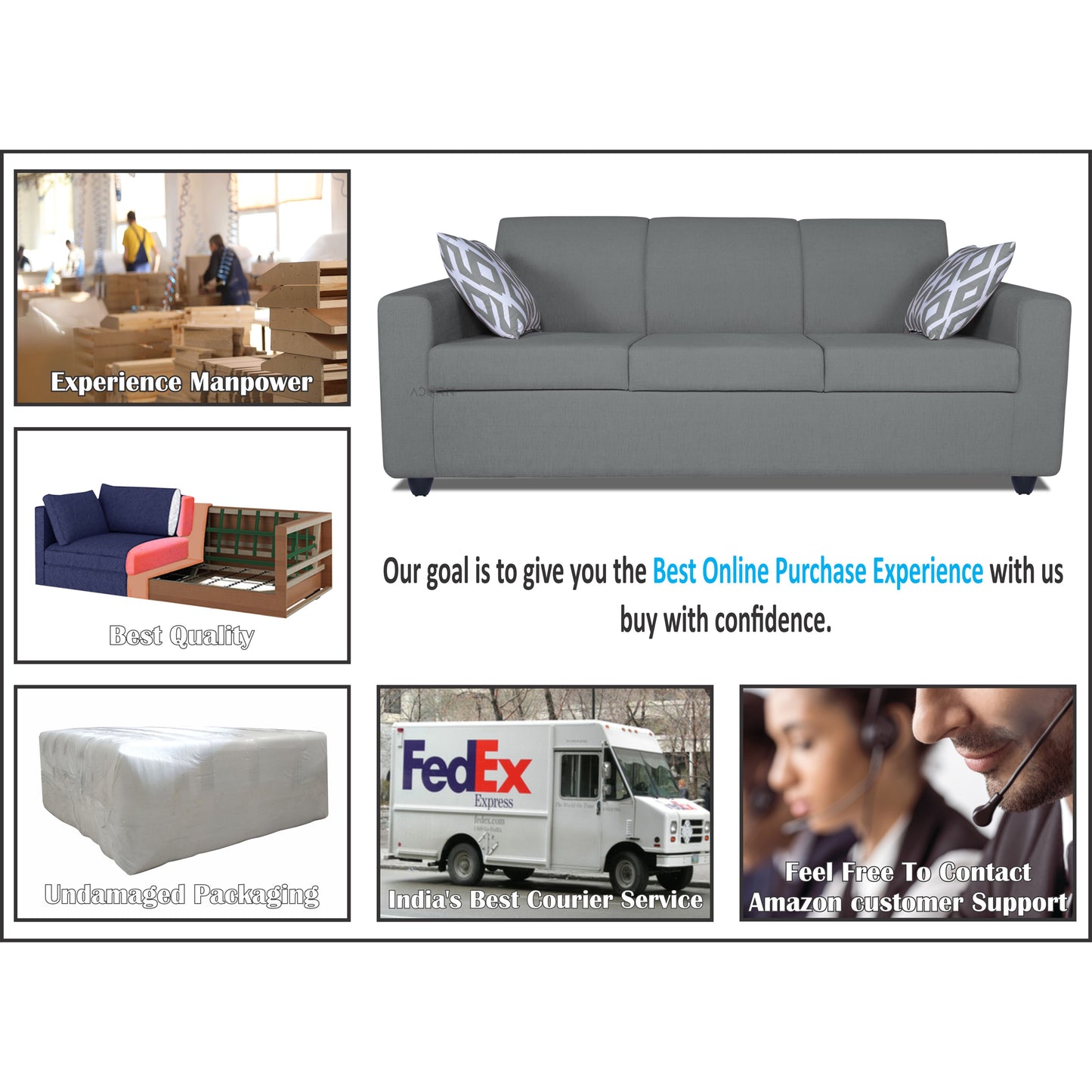 Adorn India Monteno 3-1-1 5 Seater Sofa Set (Grey) (3 Year Warranty)