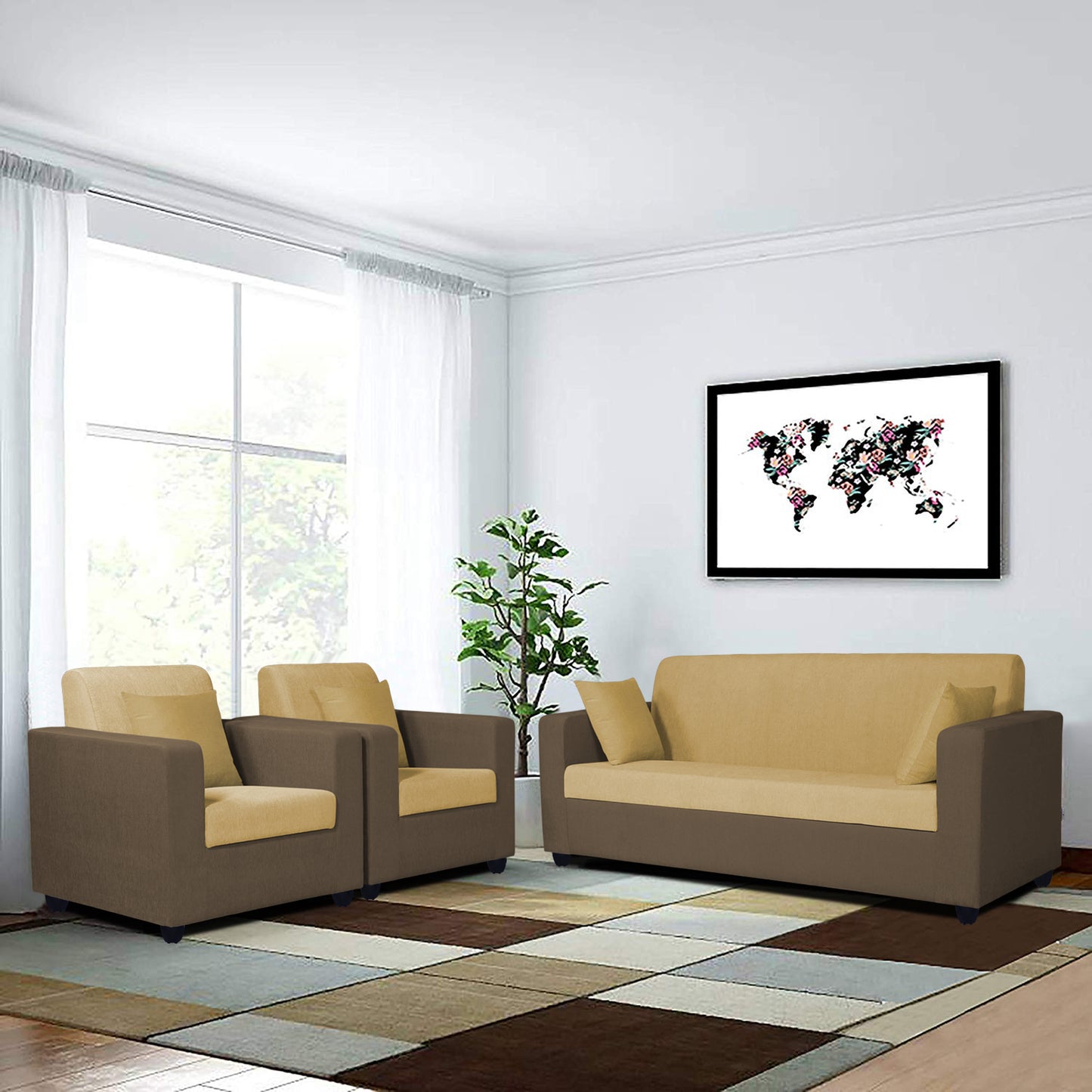 Adorn India Rio Decent Wooden 3-1-1 5 Seater Sofa Set (Brown & Beige)