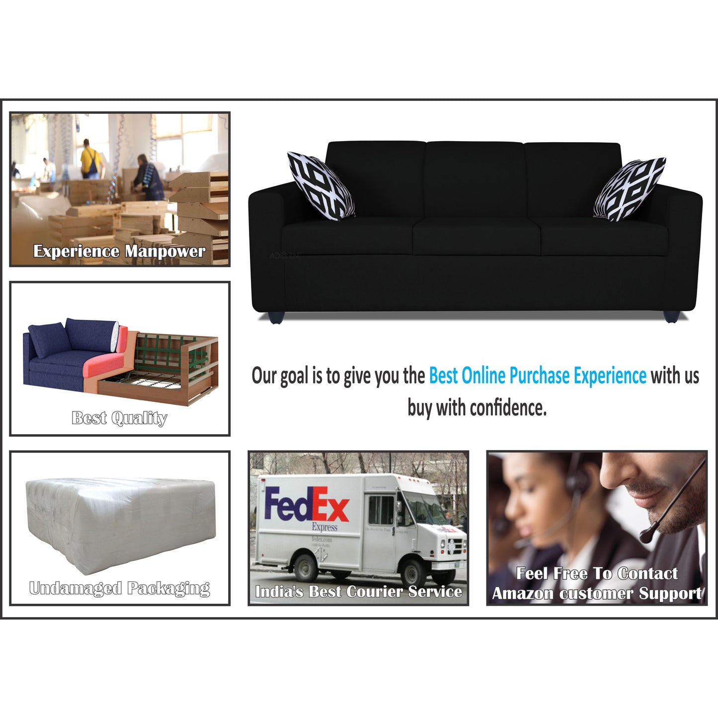 Adorn India Monteno 3 Seater Sofa (Black) (3 Year Warranty)