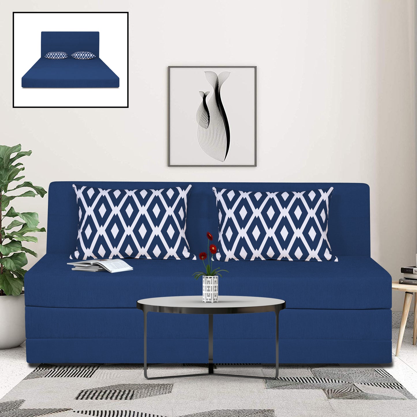Adorn India Easy Highback Three Seater Sofa Cum Bed Rhombus 6' x 6' (Blue) (1 Year Warranty)