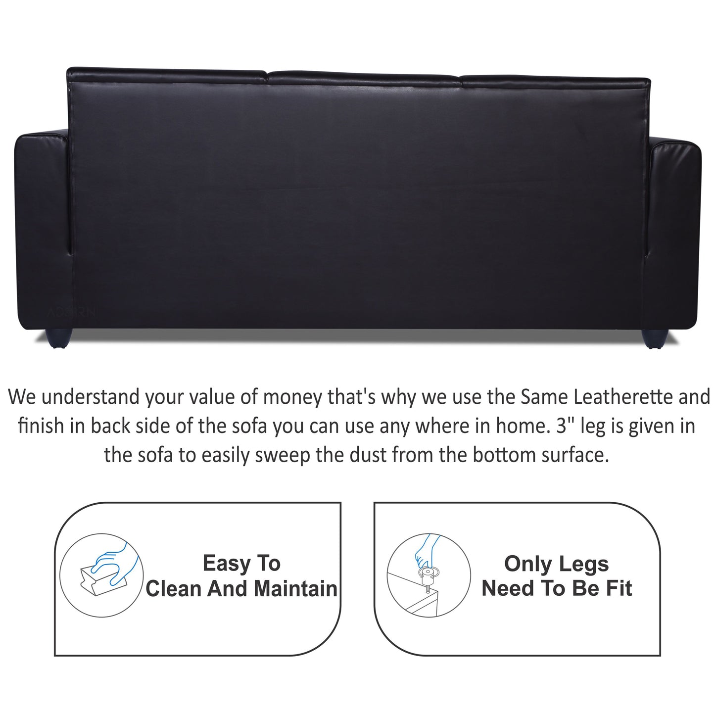Adorn India Monteno Leatherette 3 Seater Sofa (Black) (3 Year Warranty)