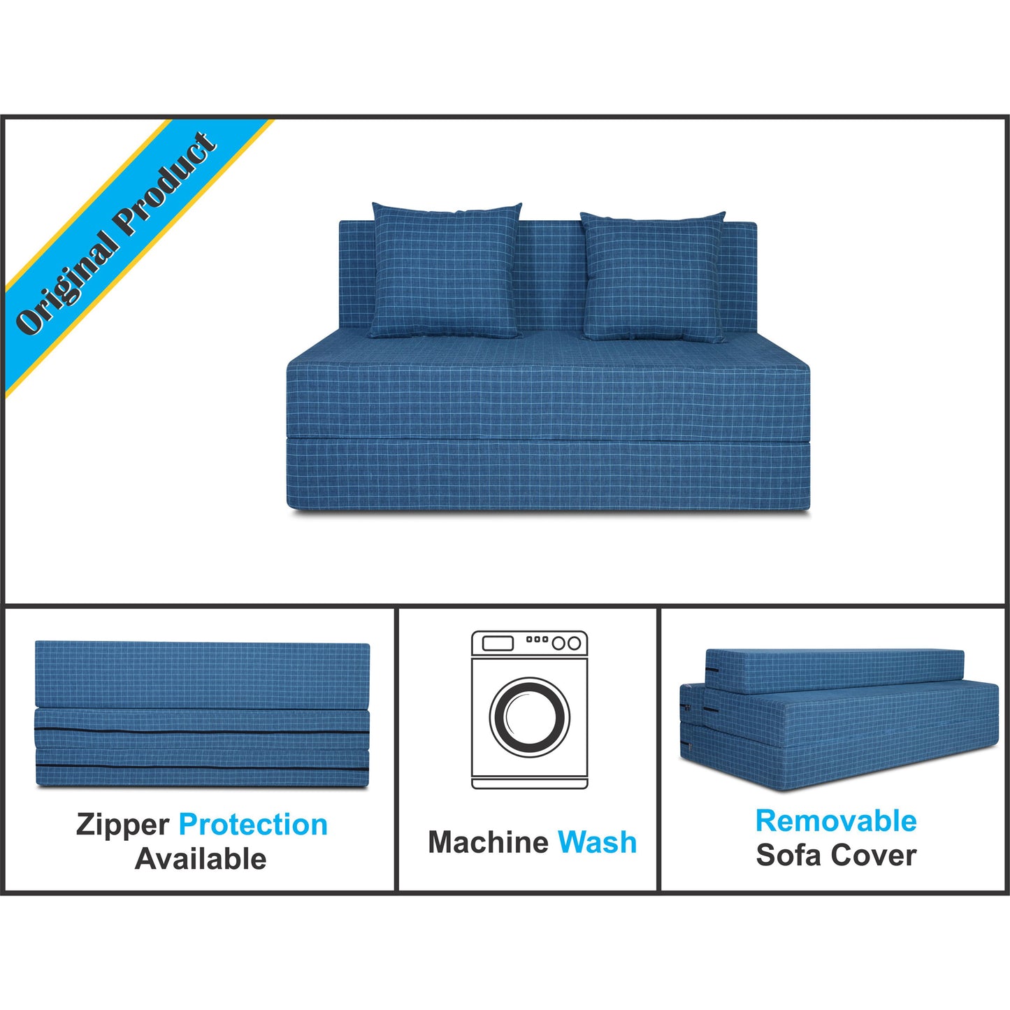 Adorn India Easy Two Seater Sofa Cum Bed Checks Design 4' x 6' (Blue)