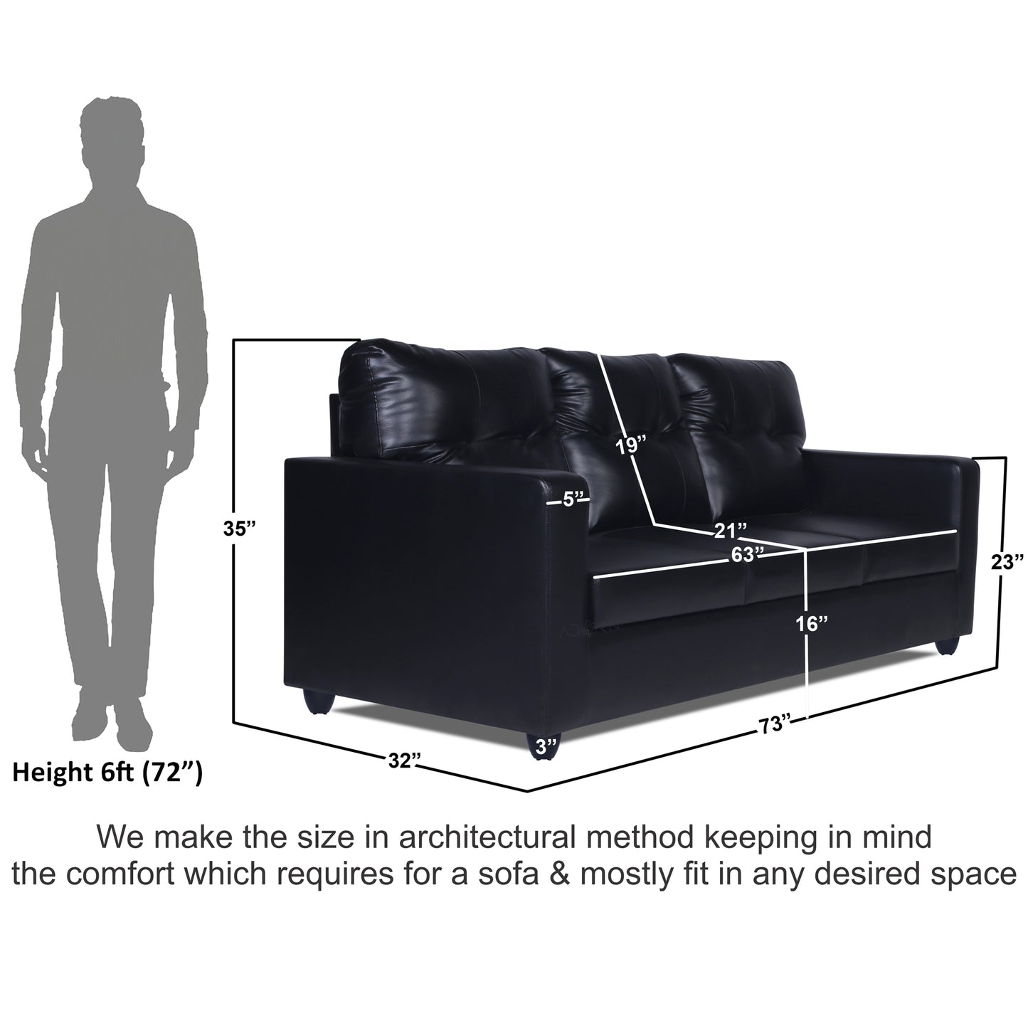 Adorn India Astor Leatherette 3-Person Sofa (Black) (3 Year Warranty)