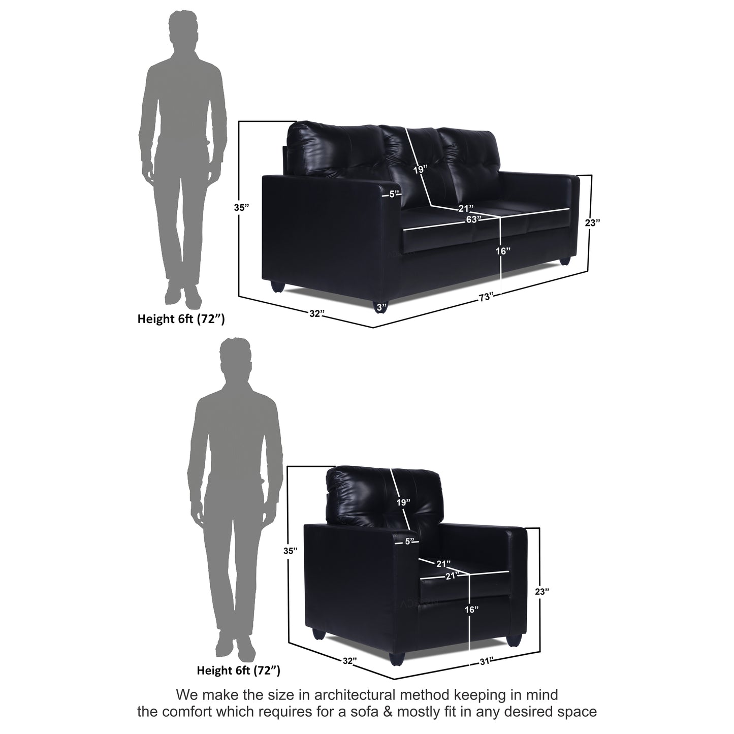 Adorn India Astor Leatherette 3+1+1 5 Seater Sofa Set (Black) (3 Year Warranty)