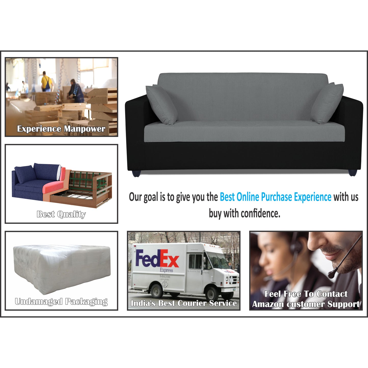 Adorn India Rio Decent 3 Seater Sofa (Grey & Black) (3 Year Warranty)