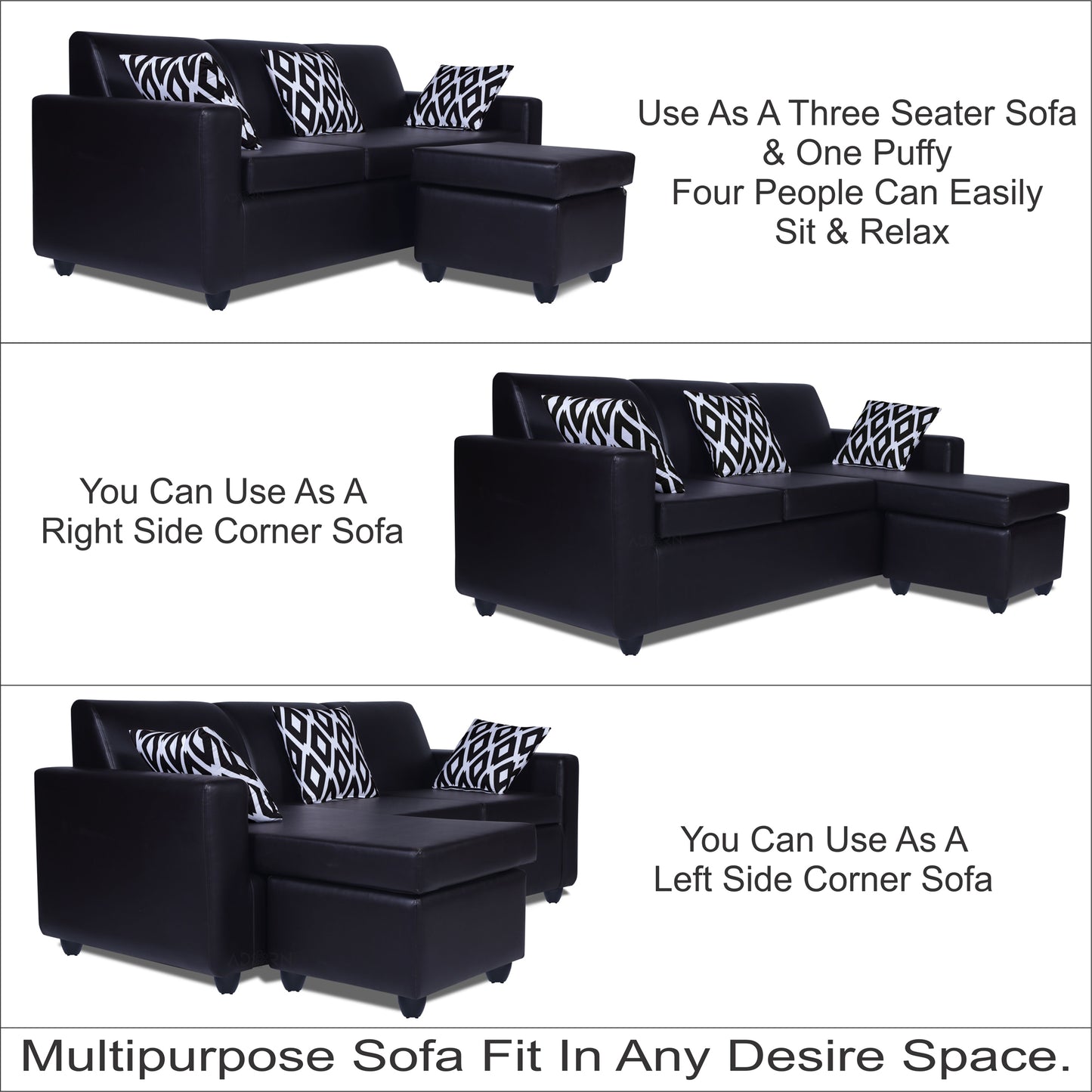 Adorn India Monteno Leatherette Modular 4 Seater Sofa Set (Black) (3 Year Warranty)