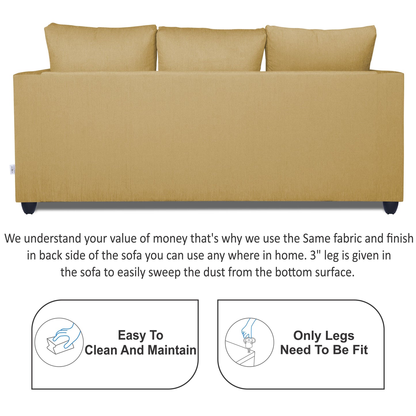 Adorn India Zink Straight Line 3 Seater Sofa (Beige)