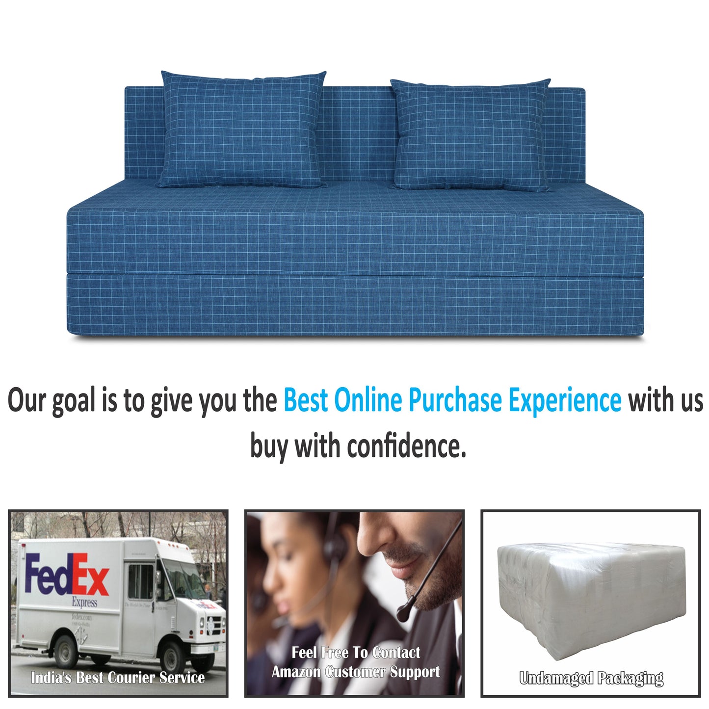 Adorn India Easy Three Seater Sofa Cum Bed Checks Design 5' x 6' (Blue)