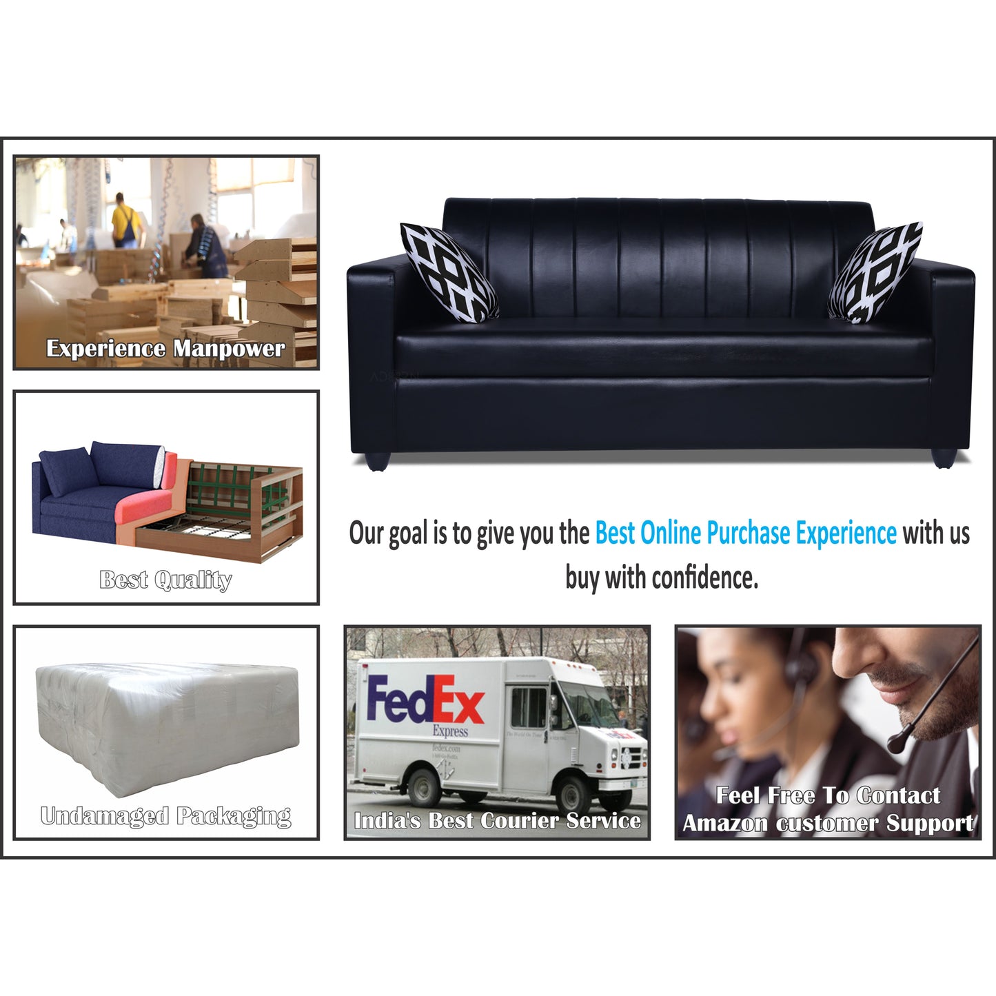 Adorn India Rio Highback Leatherette 3+1+1 5 Seater Sofa Set (Black) (3 Year Warranty)