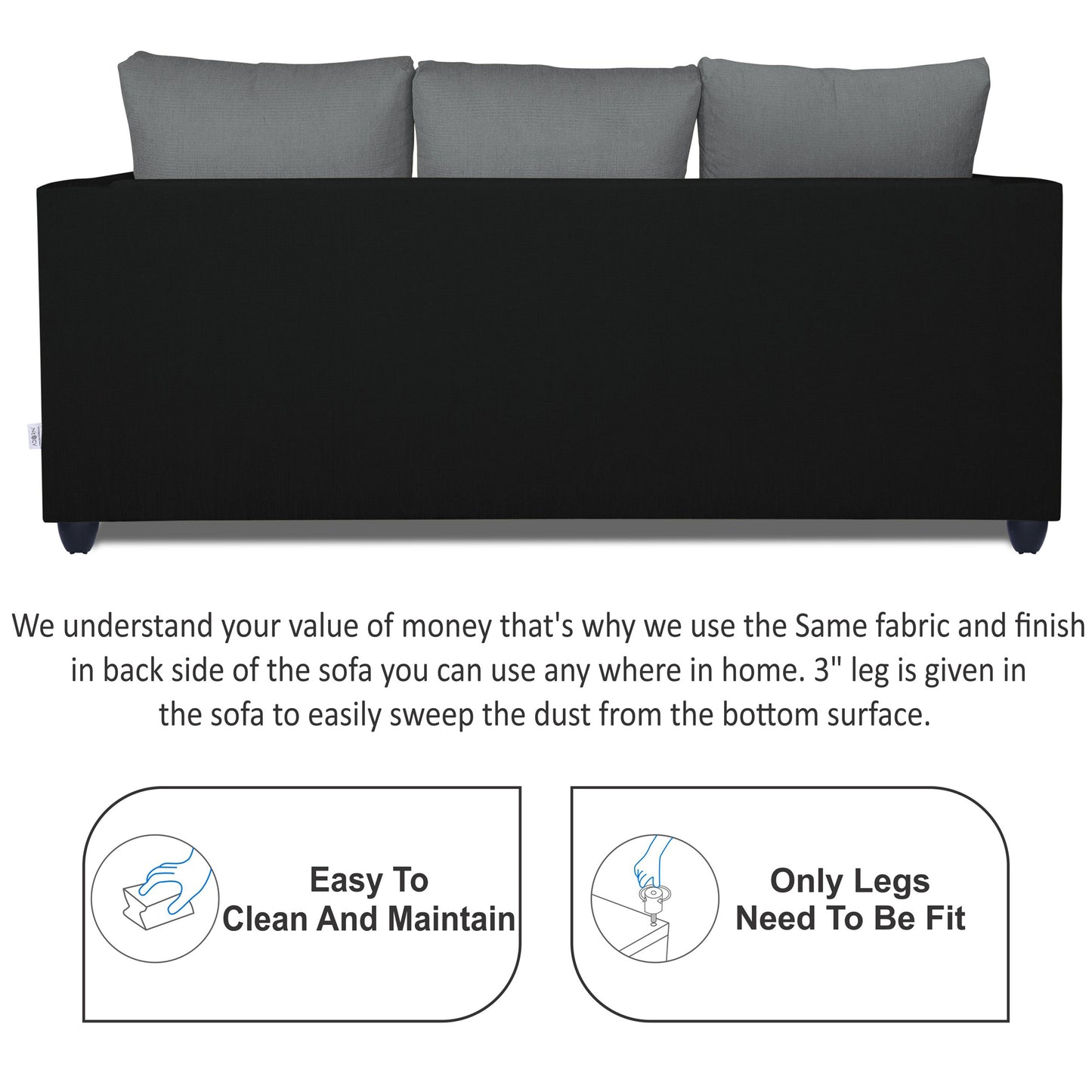 Adorn India Zink Straight Line 3 Seater Sofa (Black & Grey)