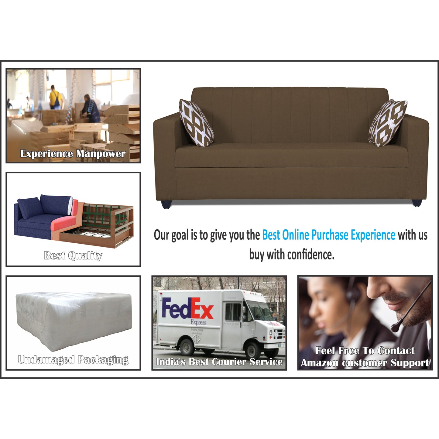 Adorn India Rio HighBack 3+1+1 5 Seater Sofa Set (Brown) (3 Year Warranty)