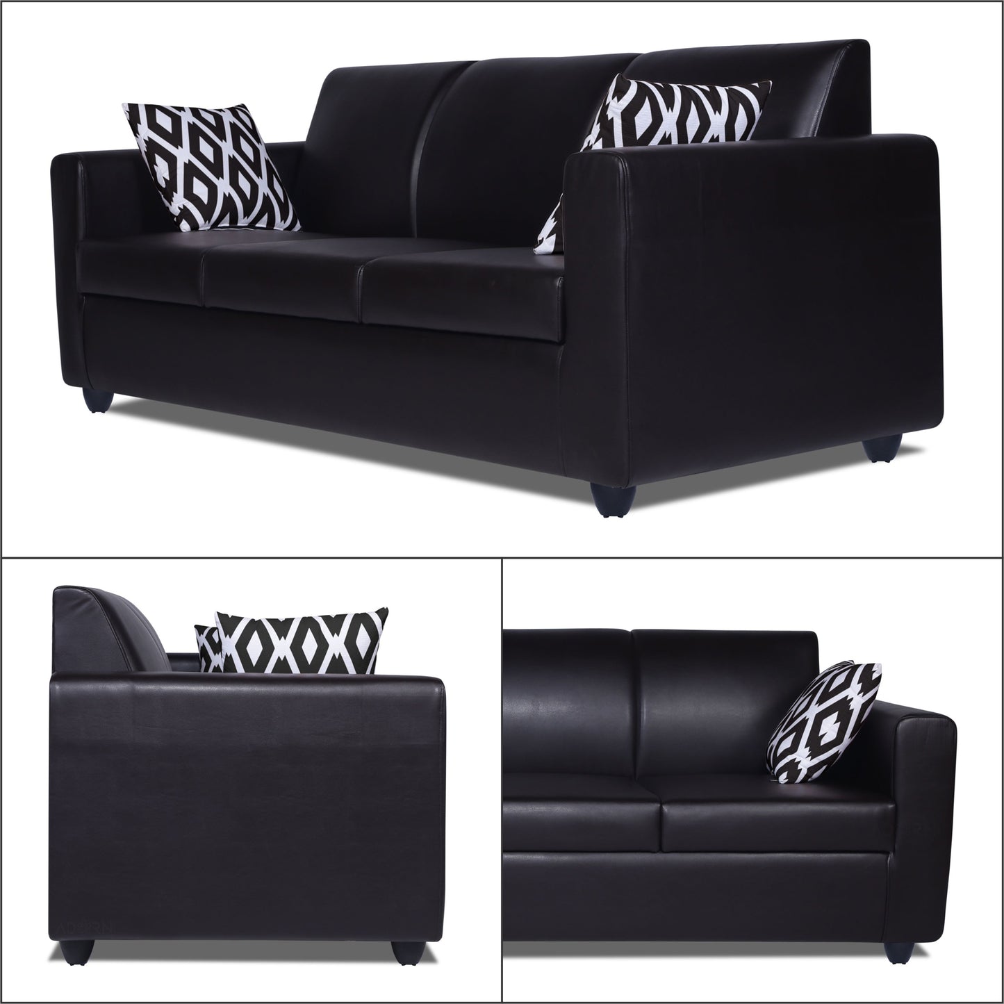 Adorn India Monteno Leatherette 3 Seater Sofa (Black) (3 Year Warranty)