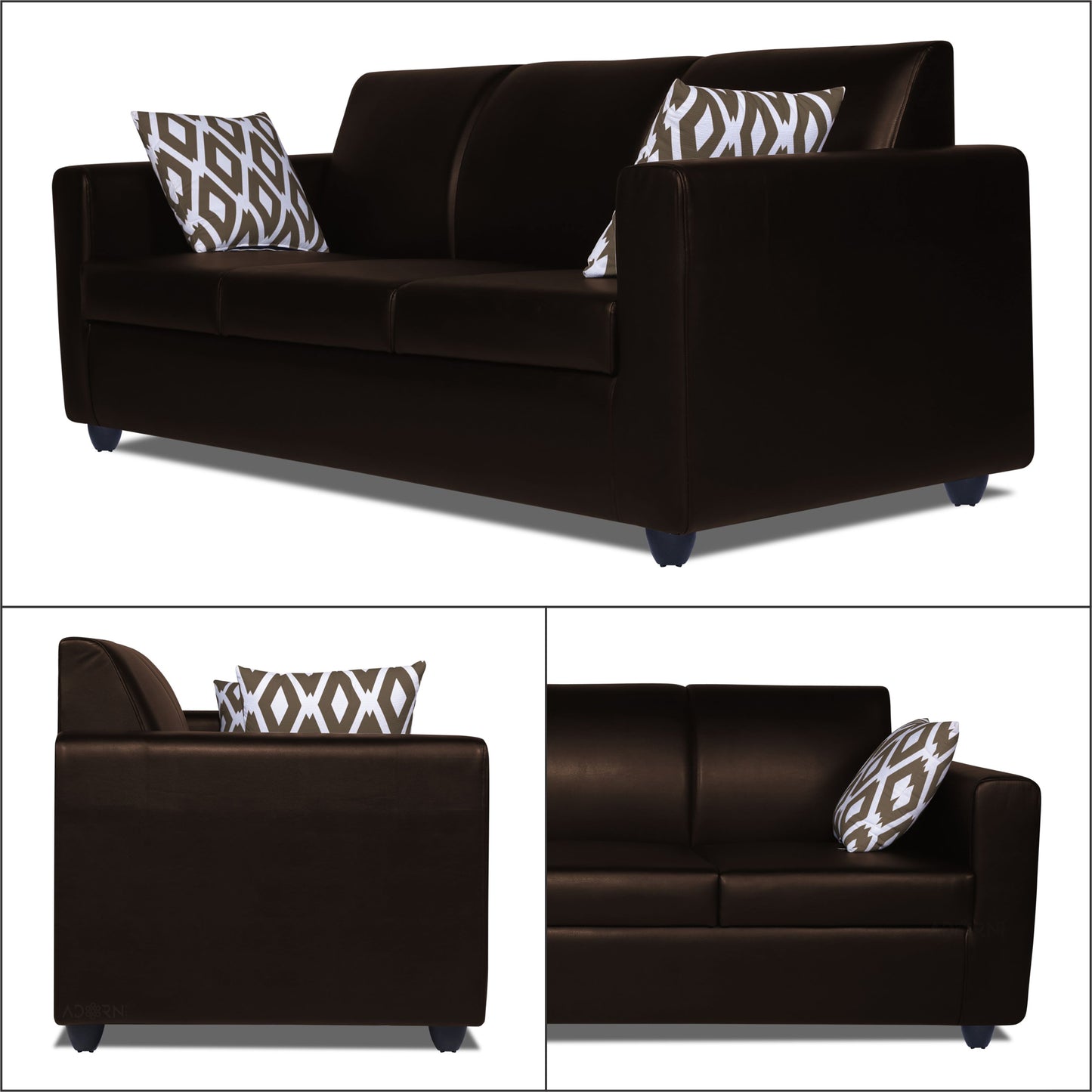 Adorn India Monteno Leatherette 3 Seater Sofa (Brown) (3 Year Warranty)
