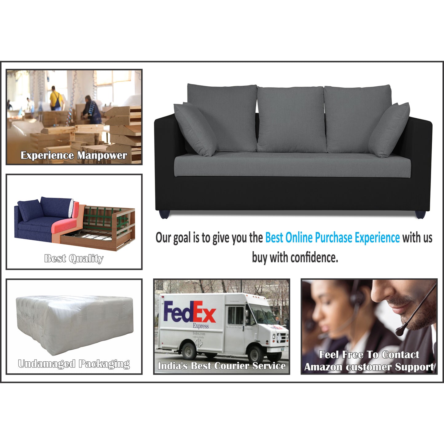 Adorn India Zink Straight Line 3-1-1 5 Seater Sofa Set(Black & Grey)