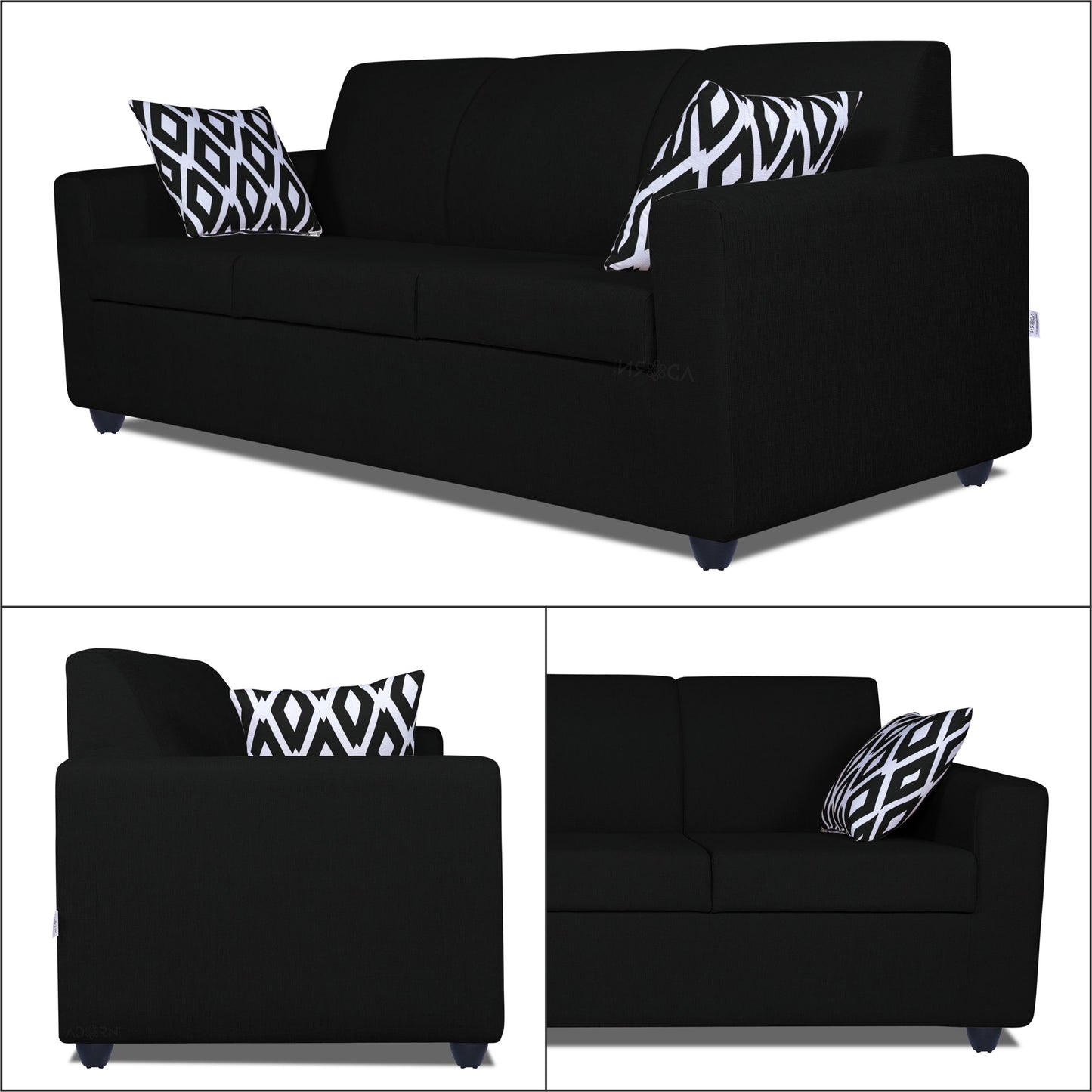 Adorn India Monteno 3 Seater Sofa (Black) (3 Year Warranty)
