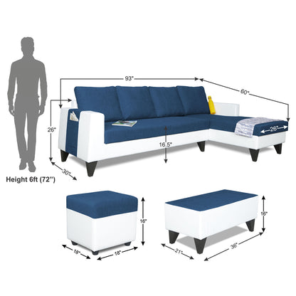 Adorn India Ashley Plain Leatherette Fabric L Shape 8 Seater Sofa Set with 2 Ottoman Puffy & Center Table RHS (Blue & White) (3 Year Warranty)