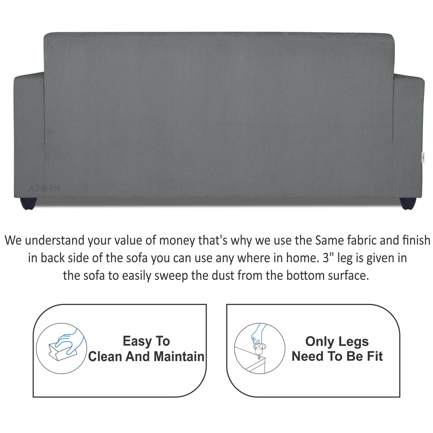 Adorn India Rio Decent 3 Seater Sofa(Grey) (3 Year Warranty)