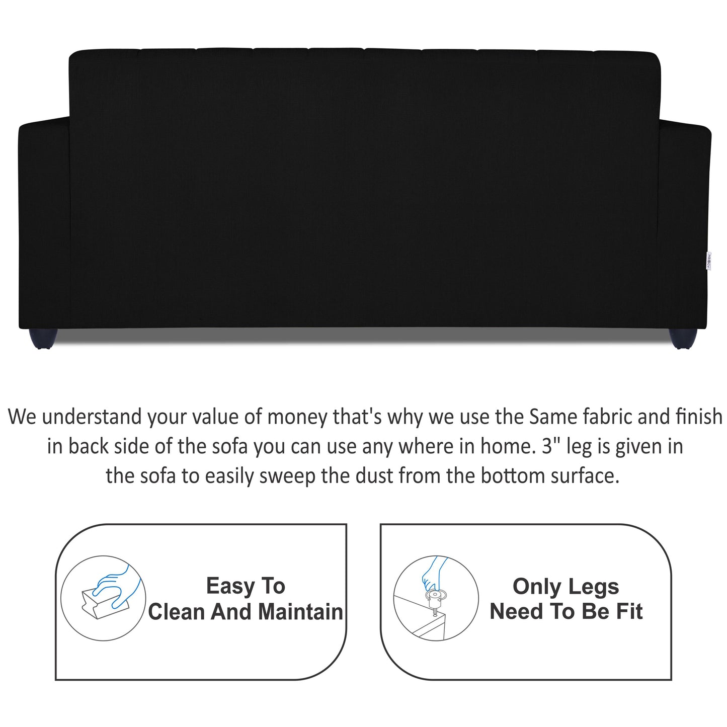 Adorn India Rio Highback 3 Seater Sofa (Black) (3 Year Warranty)