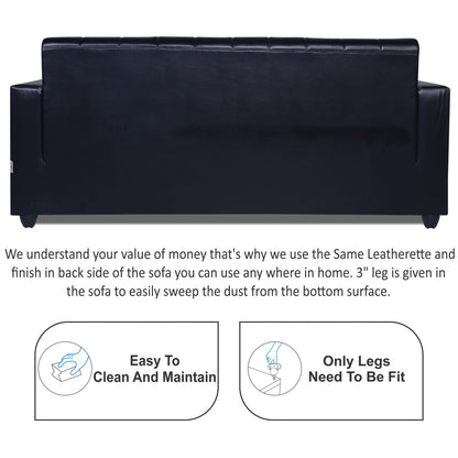 Adorn India Rio Highback Leatherette 3 Seater Sofa (Black) (3 Year Warranty)